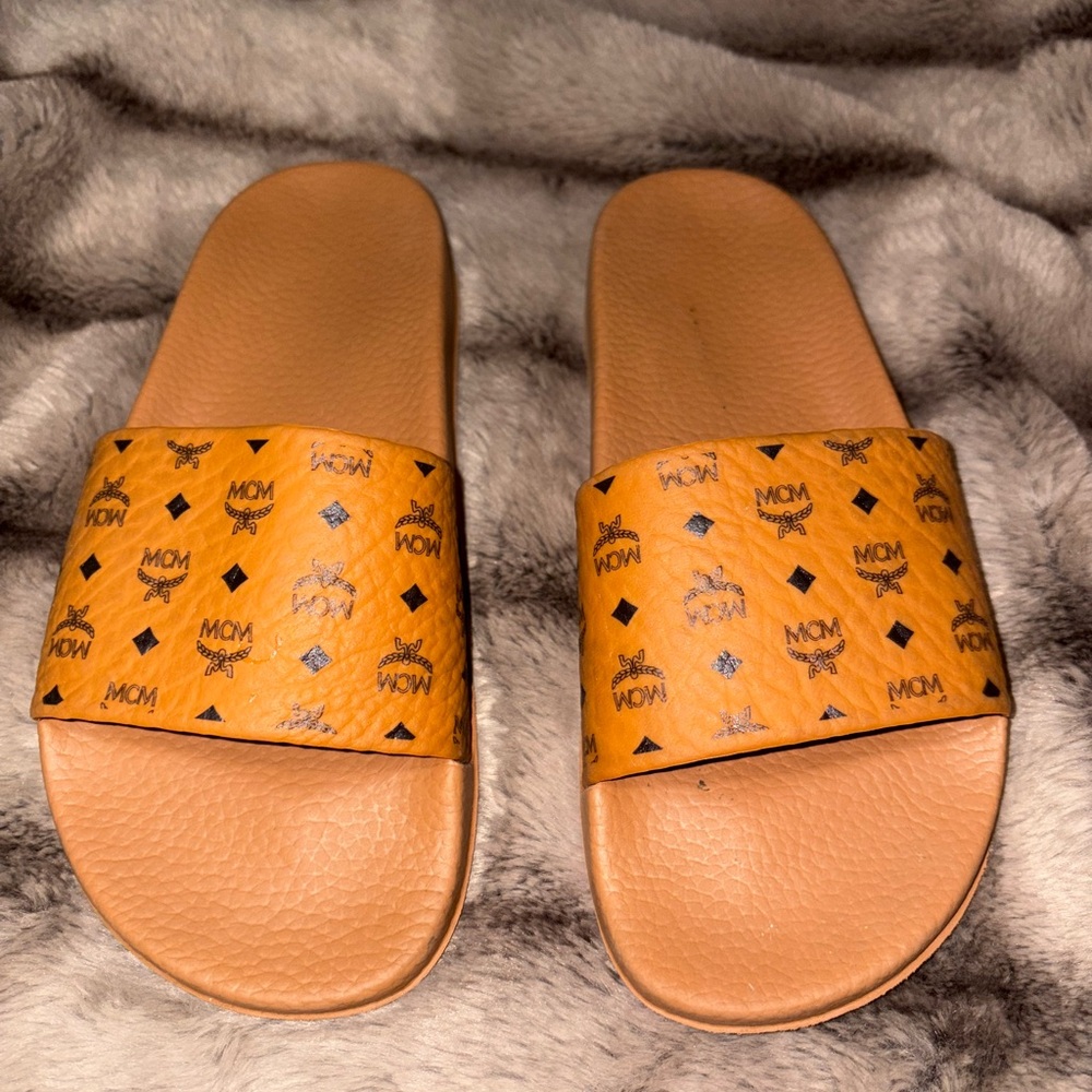 MCM Tan Logo Slide Sandals